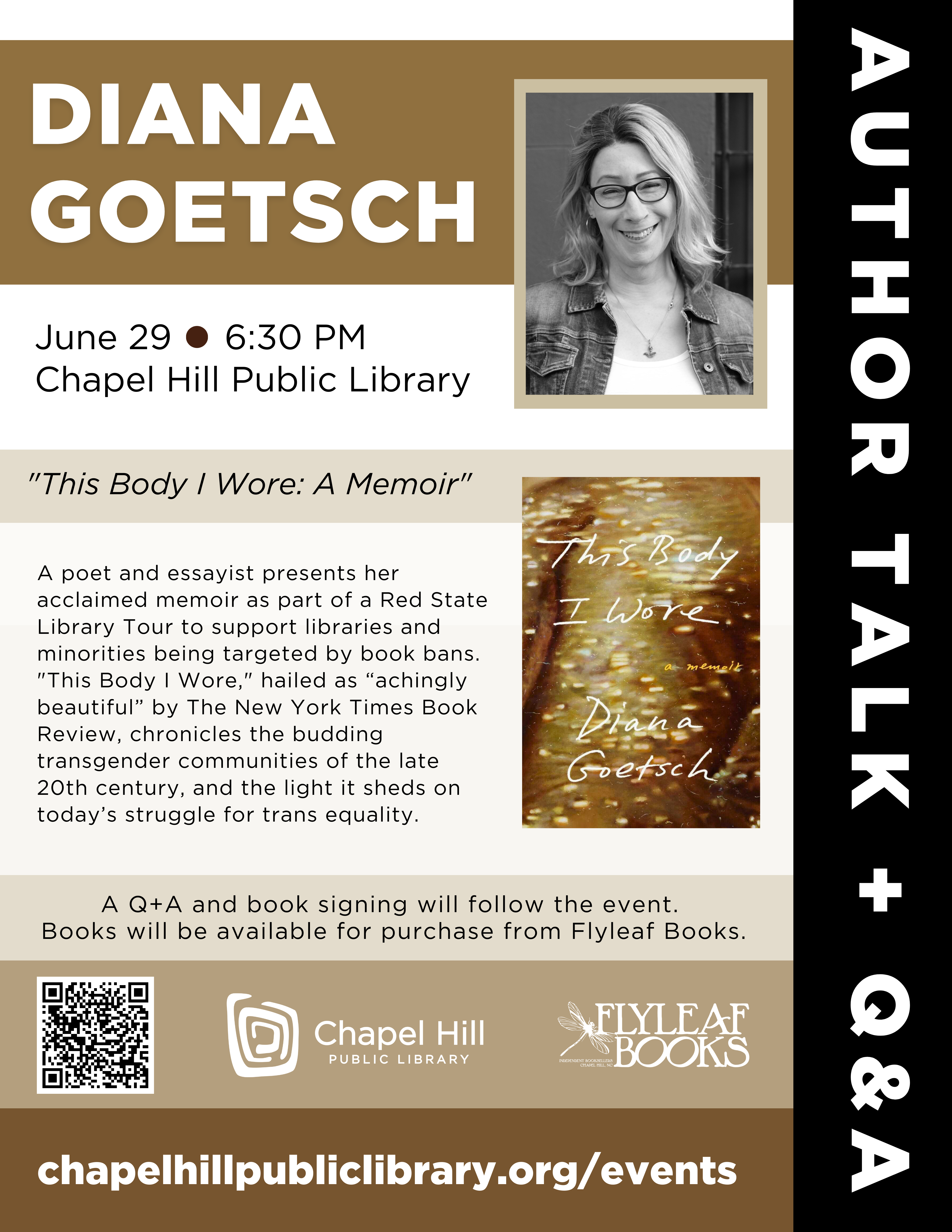 Diana Goetsch Author Talk Flyer with headshot of the author information included on this webpage.